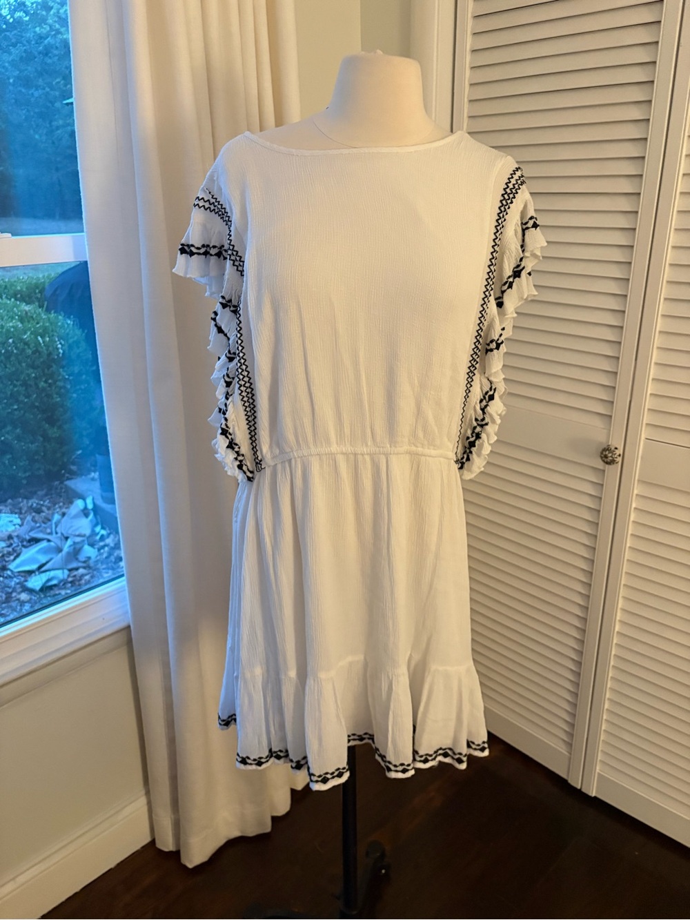 Free People White Mini Dress with Black Trim Ruffles